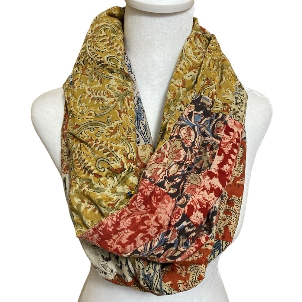 Multicolor Bohemian Patchwork Reversiable Infinity Scarf with Tassel Details.